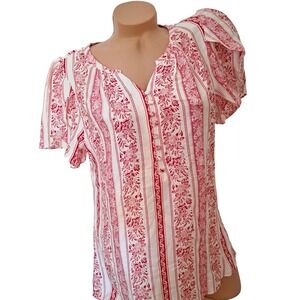 Timeson Floral Striped Blouse Women Medium Red White New Flutter Sleeve Top NWT